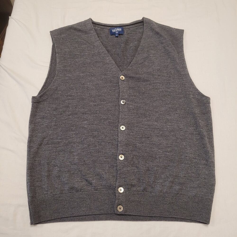 TM Lewin Sleeveless Cardigan XXL Gray Knit Vest Merino Wool London Jermyn